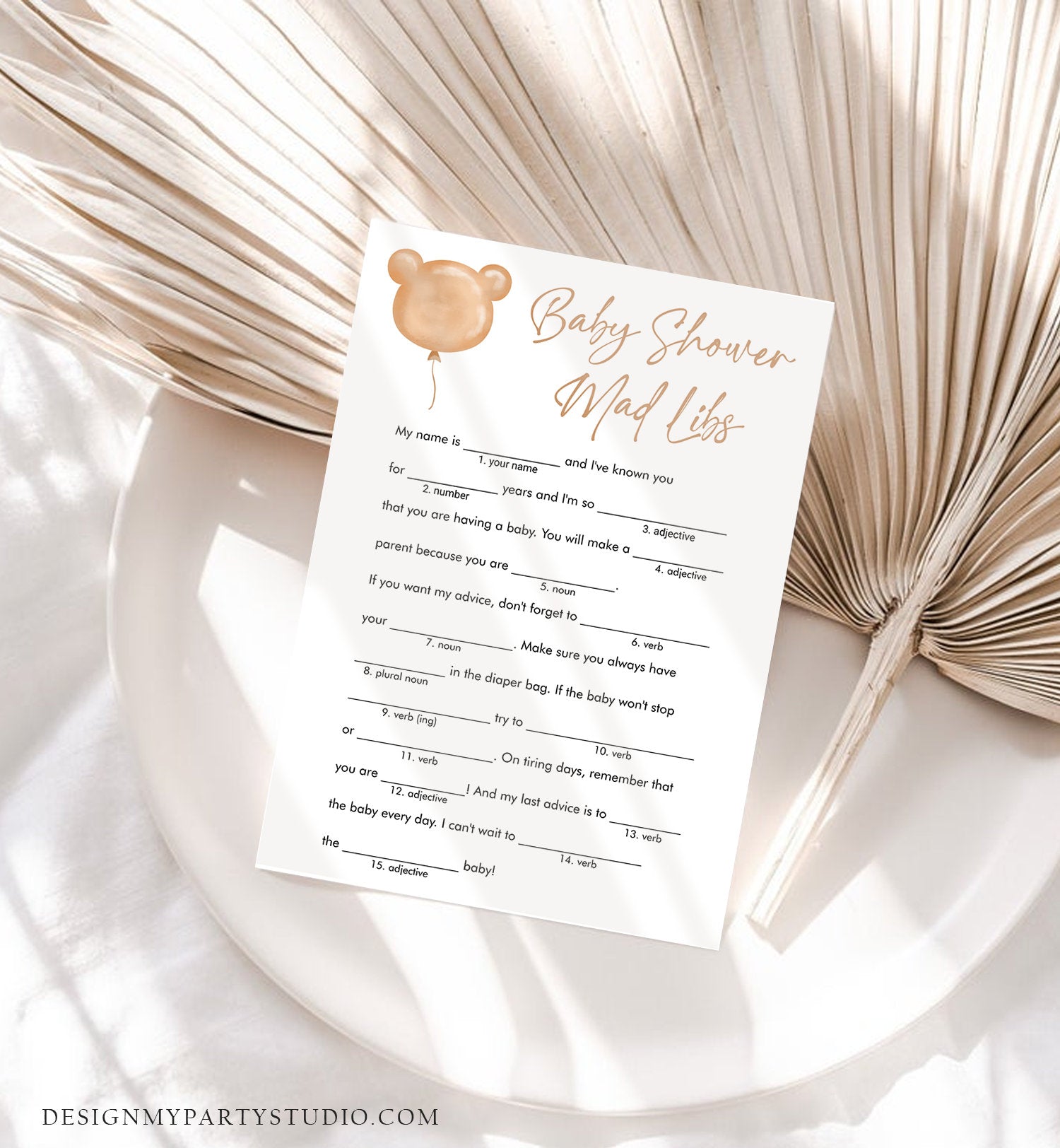 Editable Mad LIbs Baby Shower Game Modern Bear Cute Teddy Bear Baby Shower Boho Bearly Wait Activity Cute Corjl Template Printable 0439