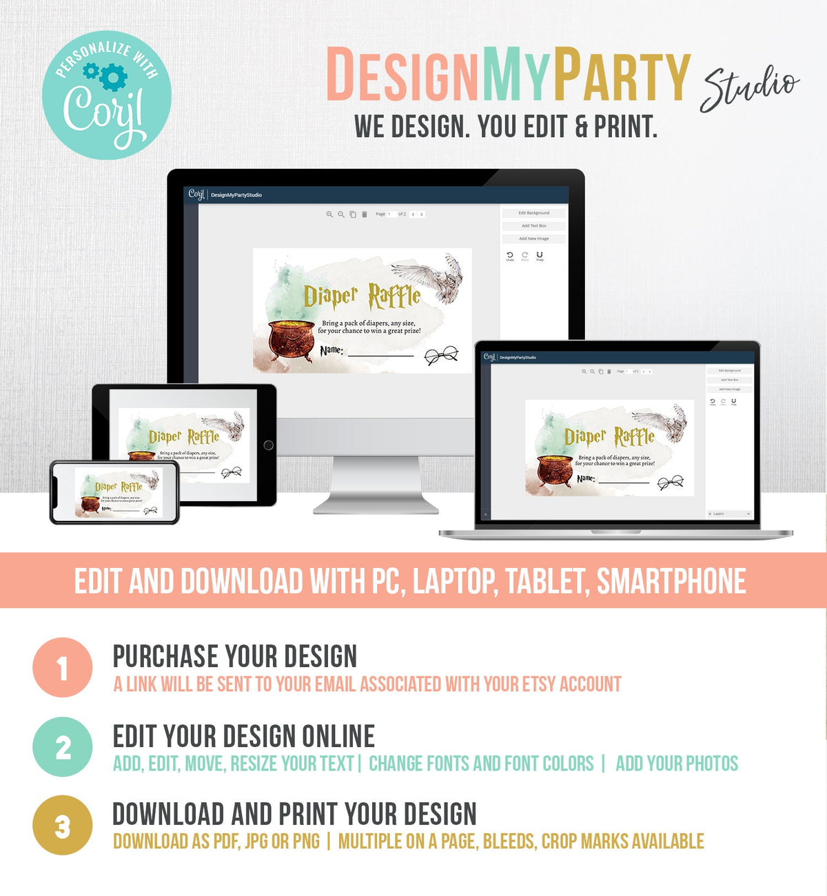 Editable Wizard Baby Shower Diaper Raffle Ticket Wizardry Diaper Game Card Gender Neutral Magical Download Template Corjl PRINTABLE 0440