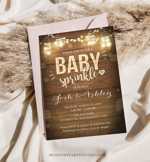 Editable Baby Sprinkle Invitation Rustic Wood Lights Jars Coed Shower Shower BBQ Gender Neutral Download Corjl Template Printable 0015