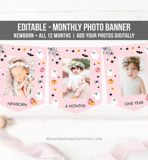 Editable Pink Halloween Ghost First Birthday Banner Monthly Photo Banner Spooky One 1st Spooktacular Girl Corjl Template Printable 0418