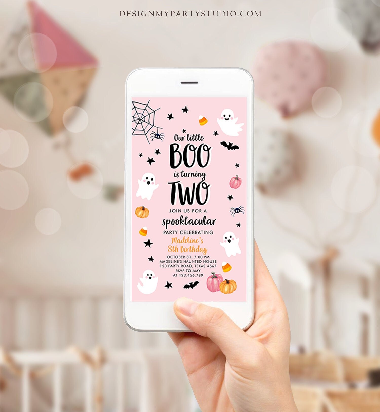 Editable Halloween 2nd Birthday Evite Pink Ghost Costume Party Girl Two Kids Spooktacular Spooky Phone Digital Template Template Corjl 0418