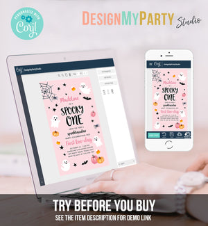 Editable Halloween 1st Birthday Evite Pink Ghost Party Girl First Kid Spooktacular Spooky One Phone Digital Template Template Corjl 0418
