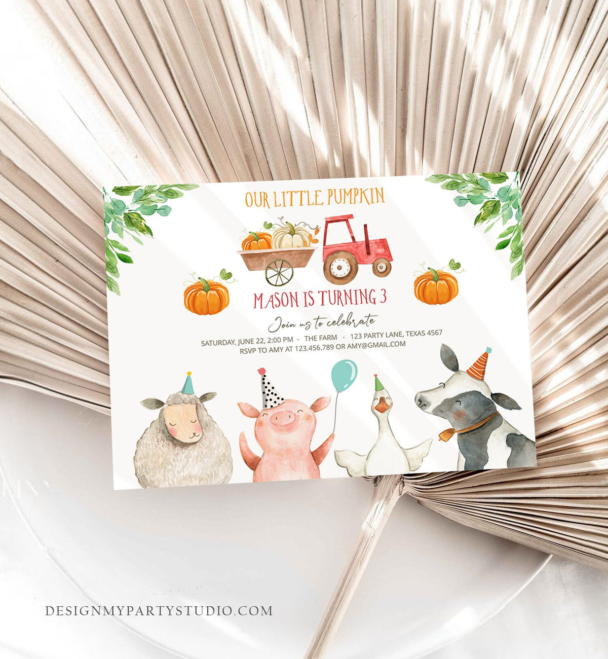 Editable Farm Birthday Invitation Pumpkin Boy Farm Animals Boy Barnyard Fall Red Tractor Download Printable Invitation Template Digital 0155