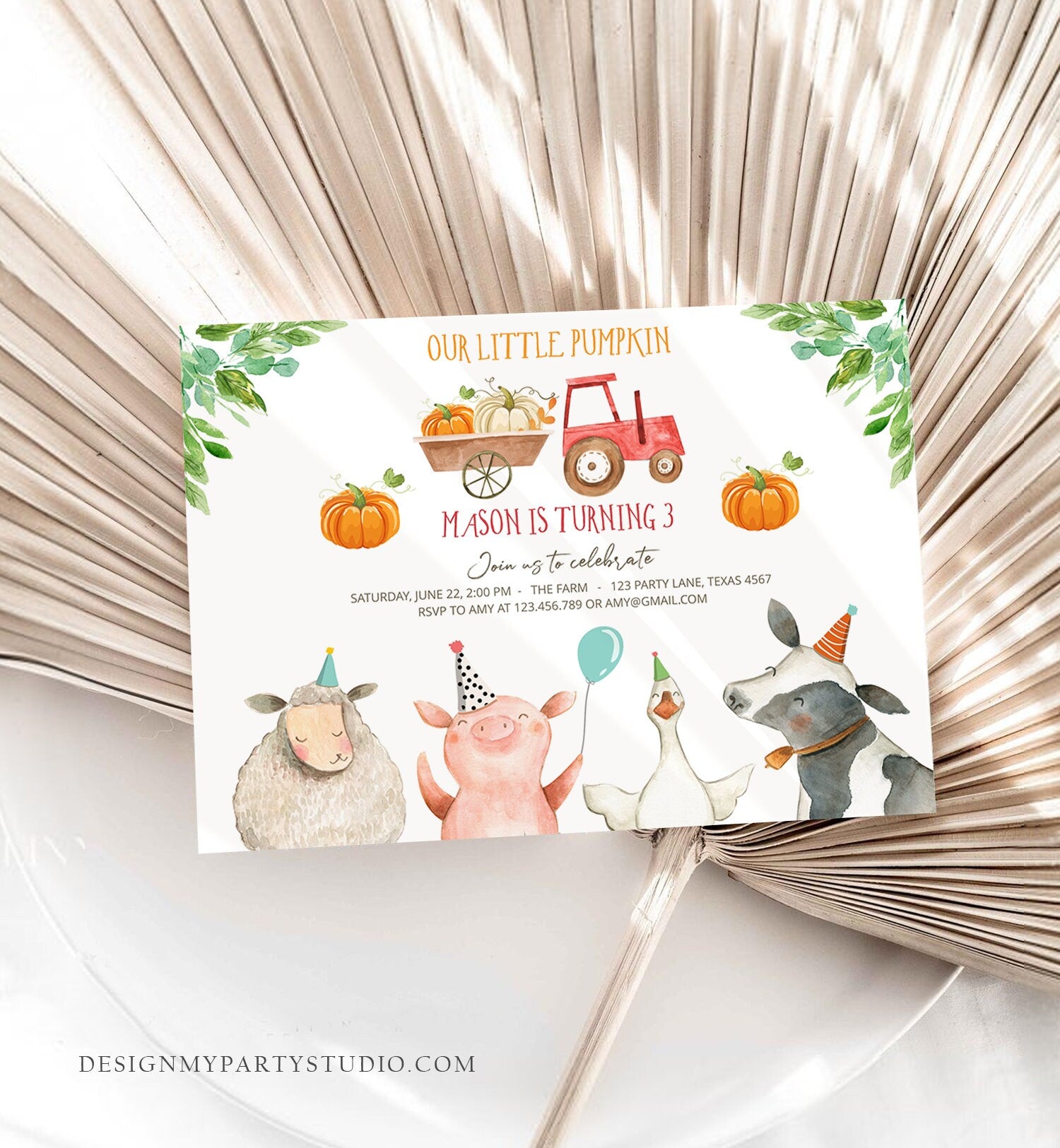 Editable Farm Birthday Invitation Pumpkin Boy Farm Animals Boy Barnyard Fall Red Tractor Download Printable Invitation Template Digital 0155