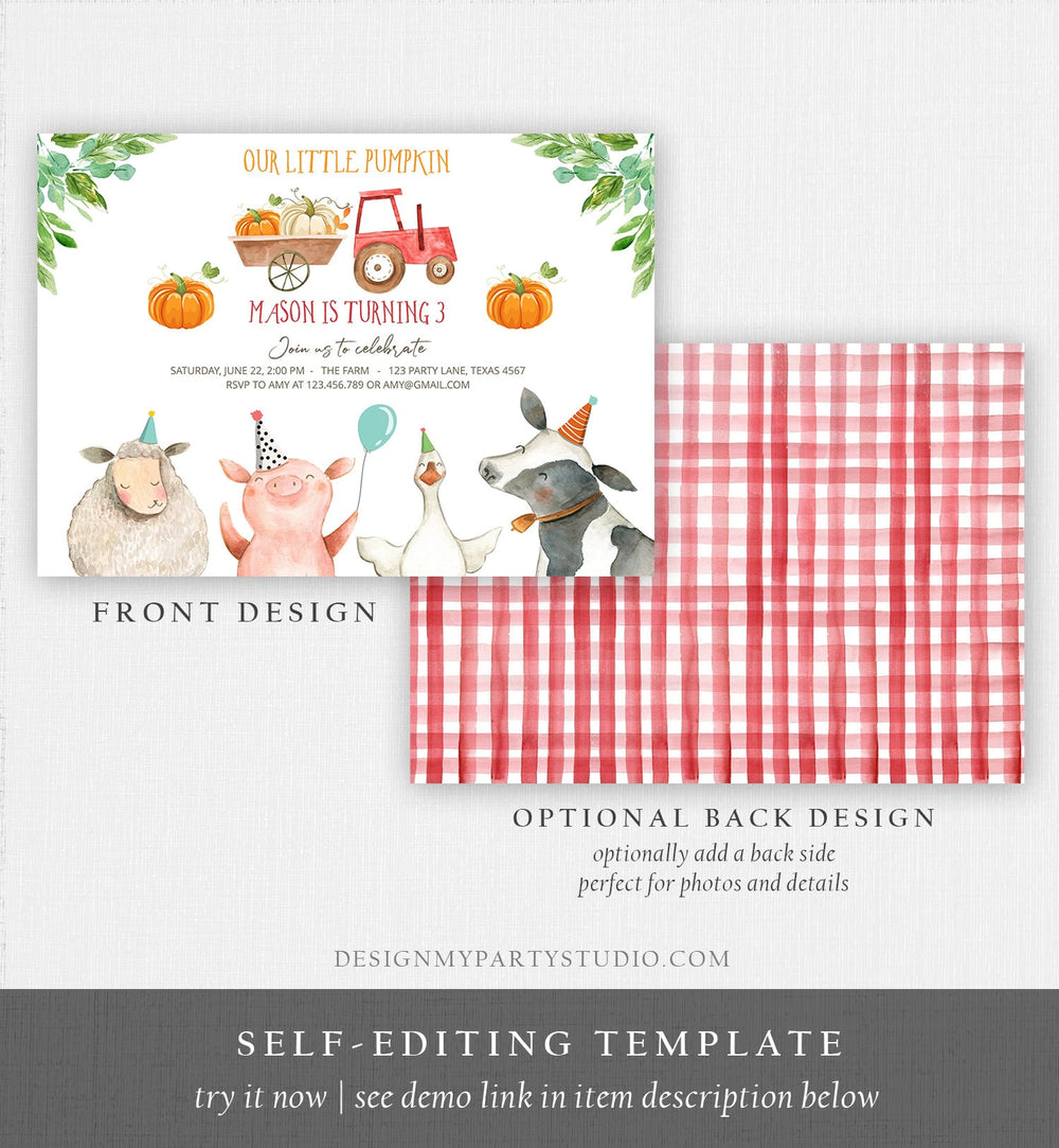 Editable Farm Birthday Invitation Pumpkin Boy Farm Animals Boy Barnyar ...