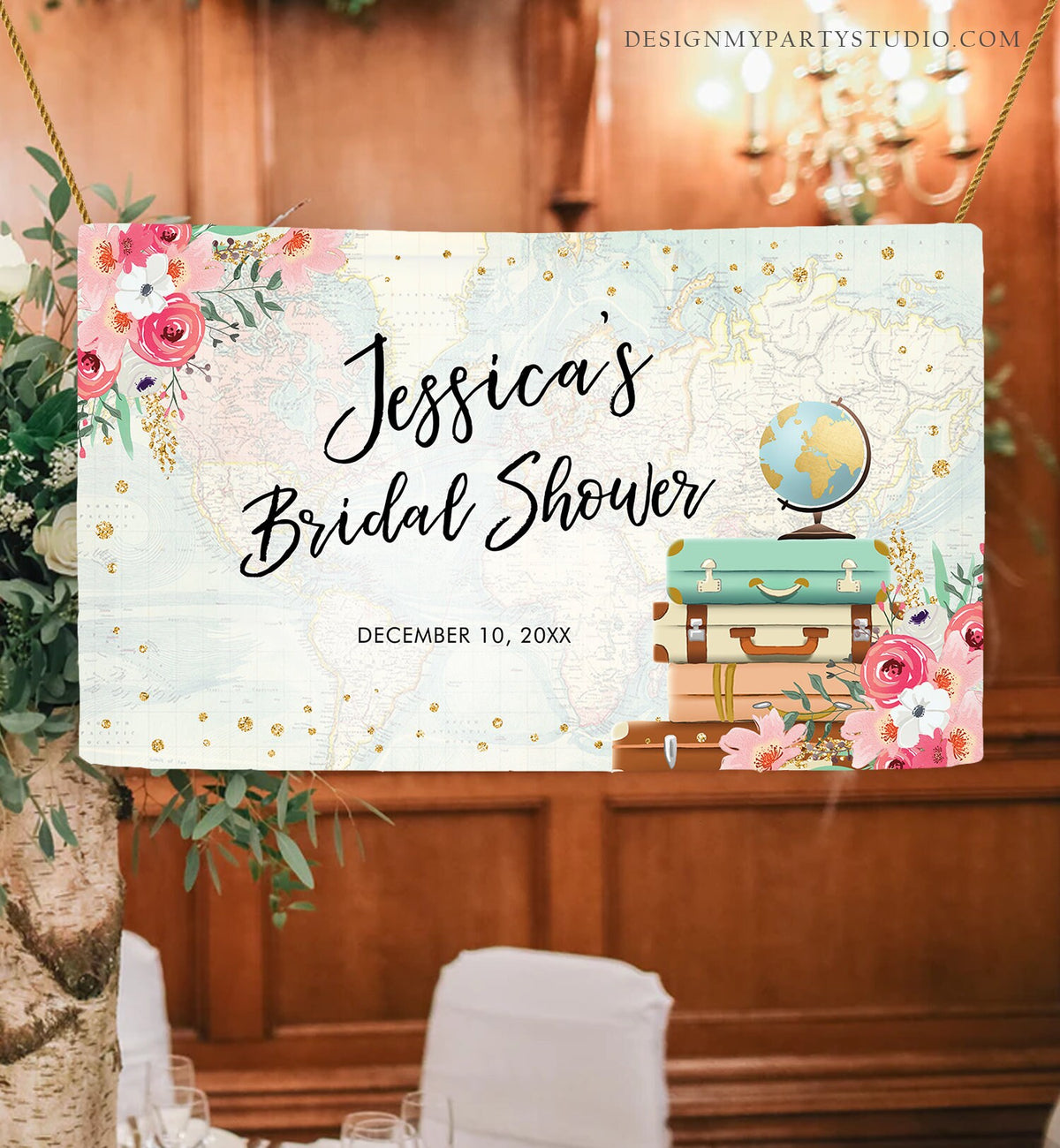 Editable Travel Adventure Backdrop Banner Welcome Bridal Shower Baby Shower Birthday Decor Sign Pink Floral Corjl Template Printable 0030