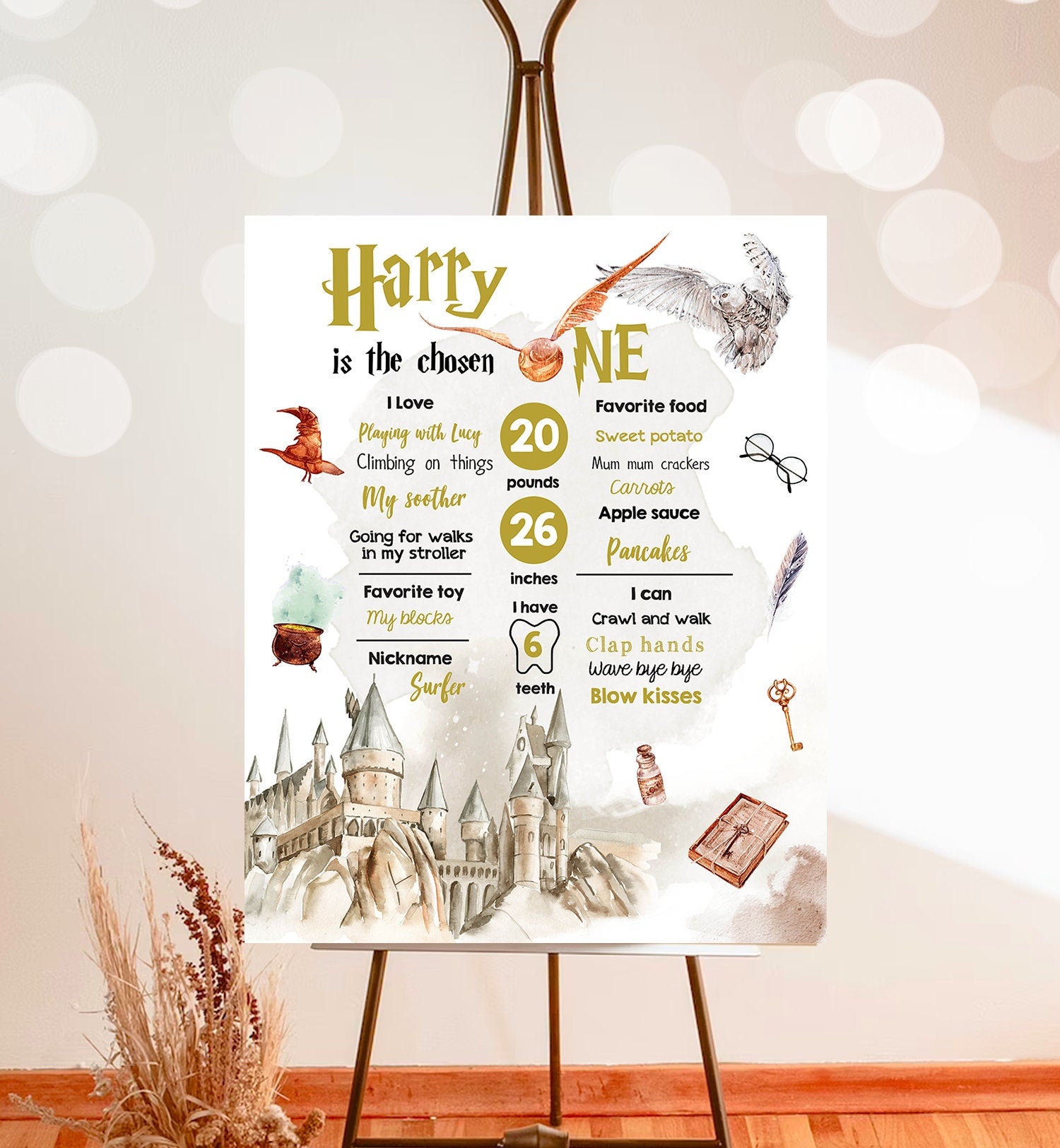 Editable Wizard Birthday Milestones Sign The Chosen One 1st Birthday Wizardry Magic School Owl Castle Neutral Template Printable Corjl 0440