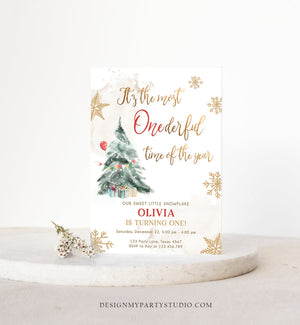 Editable Winter ONEderland Birthday Invitation First Birthday 1st Most Onederful Time Neutral Tree Christmas Snowflake Corjl Template 0363