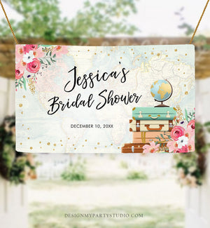 Editable Travel Adventure Backdrop Banner Welcome Bridal Shower Baby Shower Birthday Decor Sign Pink Floral Corjl Template Printable 0030