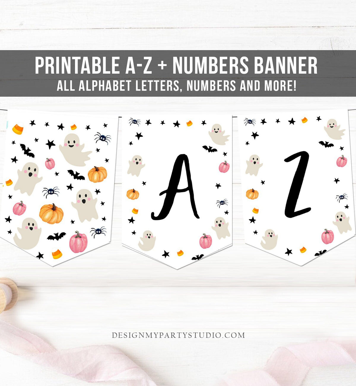 Ghost Halloween Banner A-Z Alphabet Numbers Banner Halloween Pumpkin Hey Boo Pink Ghost Girl Decor Birthday Party Download Printable 0418