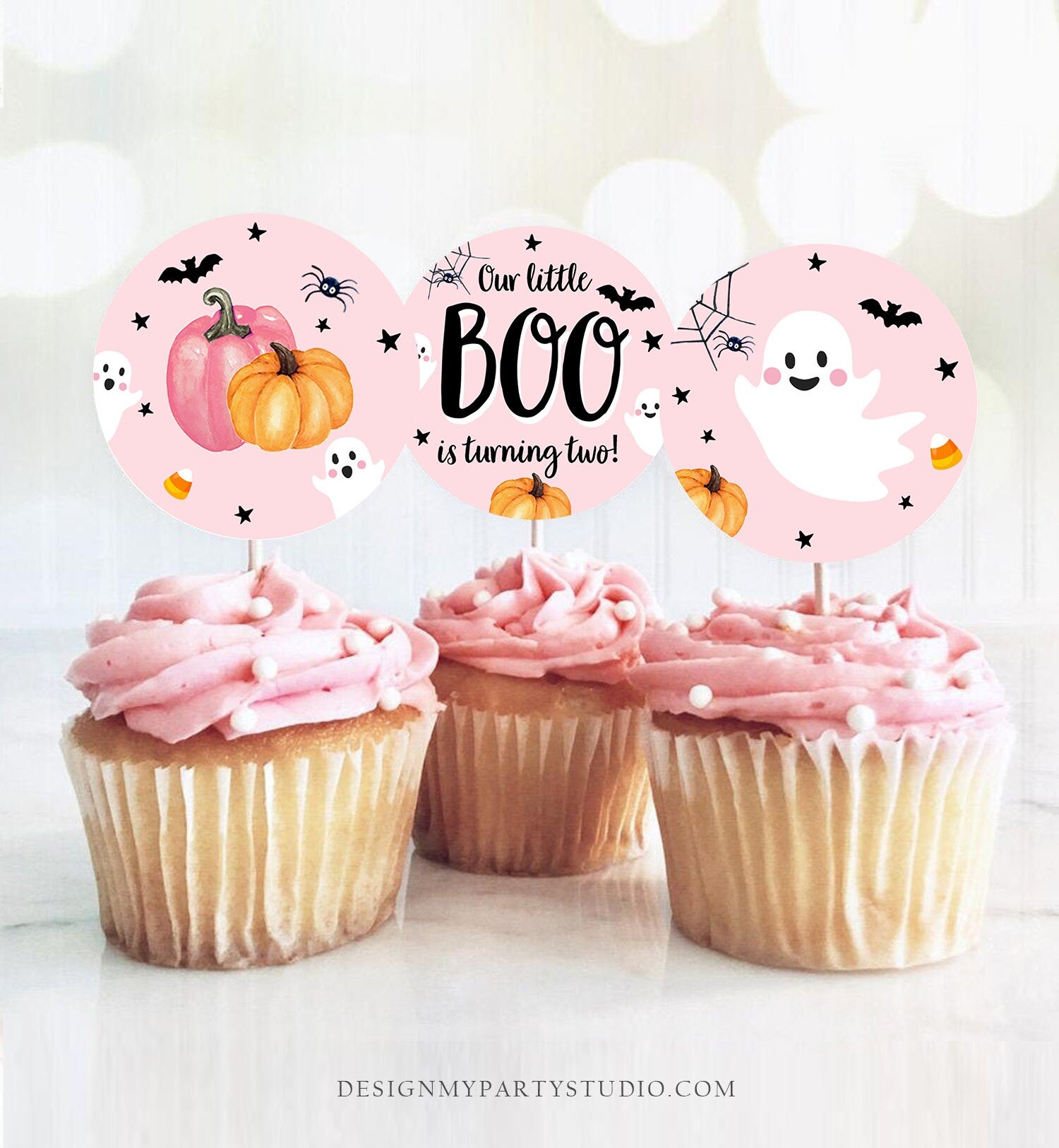 Little Boo is turning Two Birthday Cupcake Toppers Favor Tags Halloween Ghost Party 2nd Spooky Pink Girl Download Digital PRINTABLE 0418