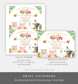 Editable Farm Baby Shower Invitation Pumpkin Gender Neutral Red Truck Farm Animals Barnyard Fall Download Corjl Template Printable 0155
