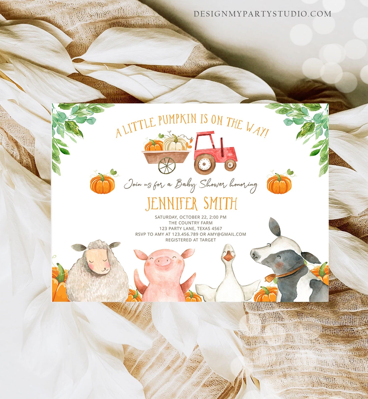 Editable Farm Baby Shower Invitation Pumpkin Gender Neutral Red Truck Farm Animals Barnyard Fall Download Corjl Template Printable 0155