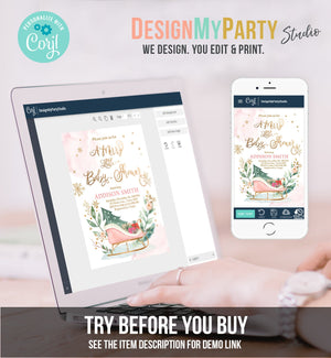 Editable Winter Baby Shower Invitation Pink Girl Christmas Merry Little Baby Shower Sleigh Watercolor Template Instant Download Corjl 0353