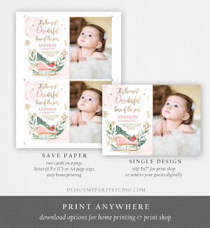 Editable Most Onederful Time of The Year 1st Birthday Invitation Winter Christmas Party Sleigh Trees Girl Pink Printable Template DIY 0353