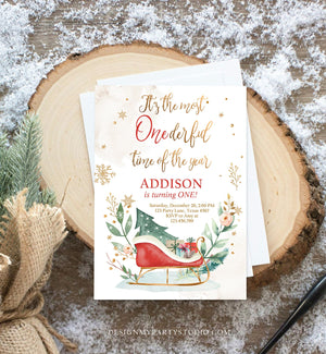 Editable Most Onederful Time of The Year 1st Birthday Invitation Winter Christmas Party Red Sleigh Tree Boy Girl Printable Template DIY 0353
