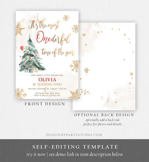 Editable Winter ONEderland Birthday Invitation First Birthday 1st Most Onederful Time Neutral Tree Christmas Snowflake Corjl Template 0363