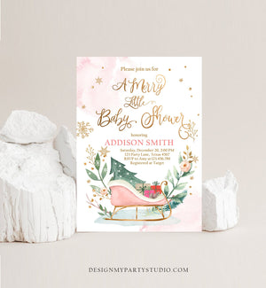 Editable Winter Baby Shower Invitation Pink Girl Christmas Merry Little Baby Shower Sleigh Watercolor Template Instant Download Corjl 0353
