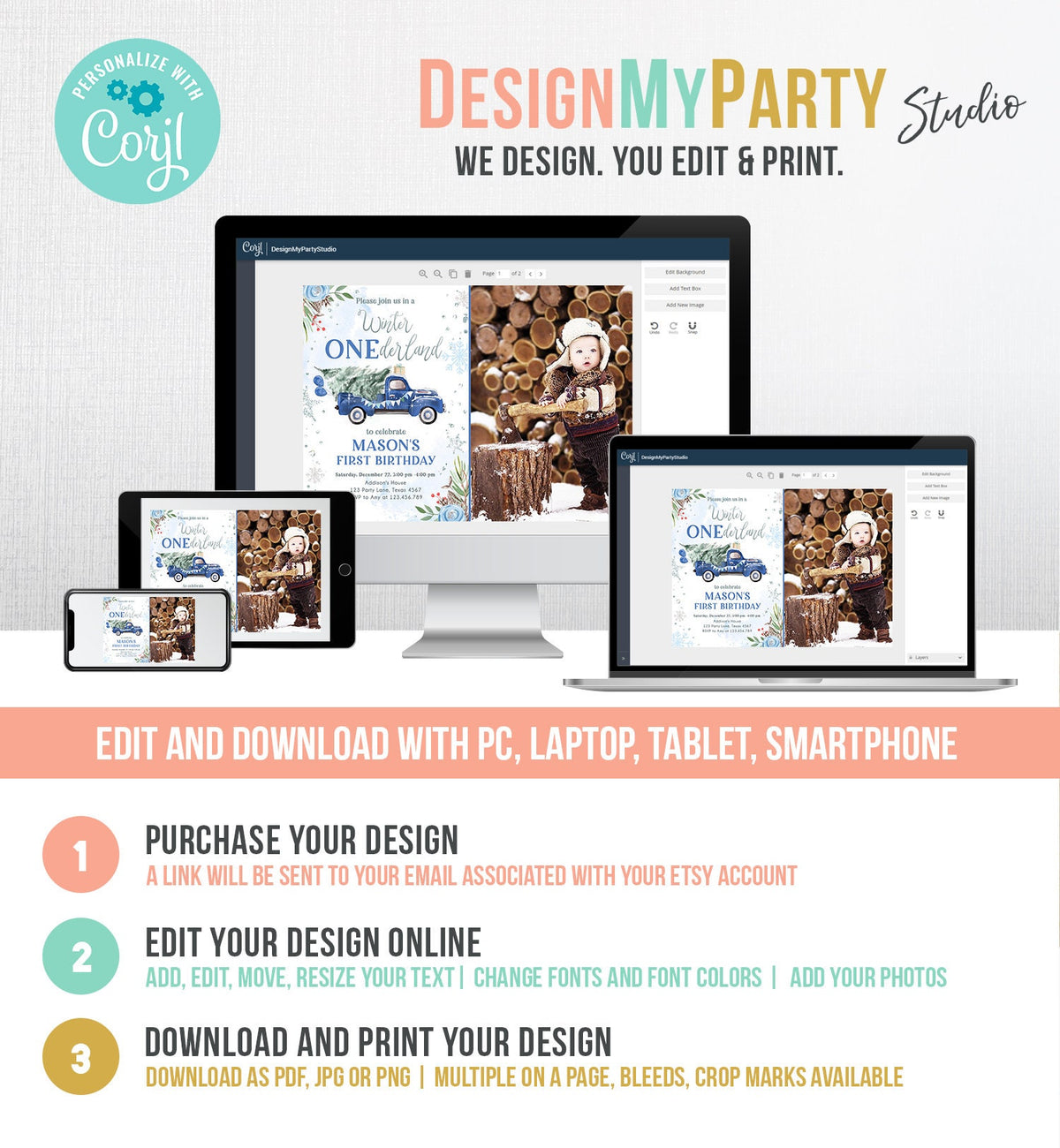 Editable Winter Onederland Winter First Birthday Invitation 1st Winter Blue Boy Silver Floral Truck Christmas Printable Template DIY 0356