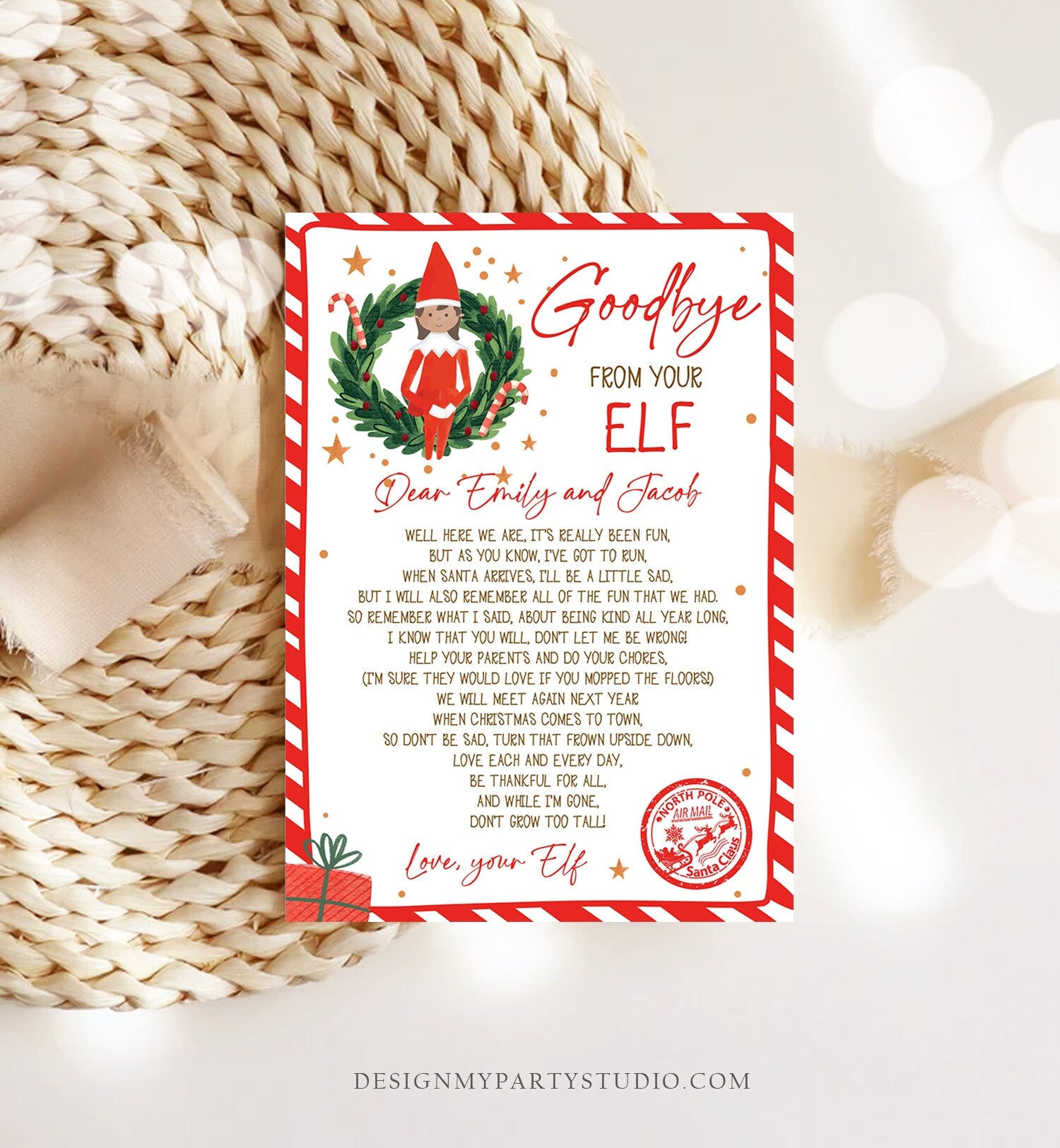 Editable Elf Goodbye Letter Girl Departure Letter Christmas Goodbye from Your Elf Christmas Elf Letter Santa Poem Printable Template 0358