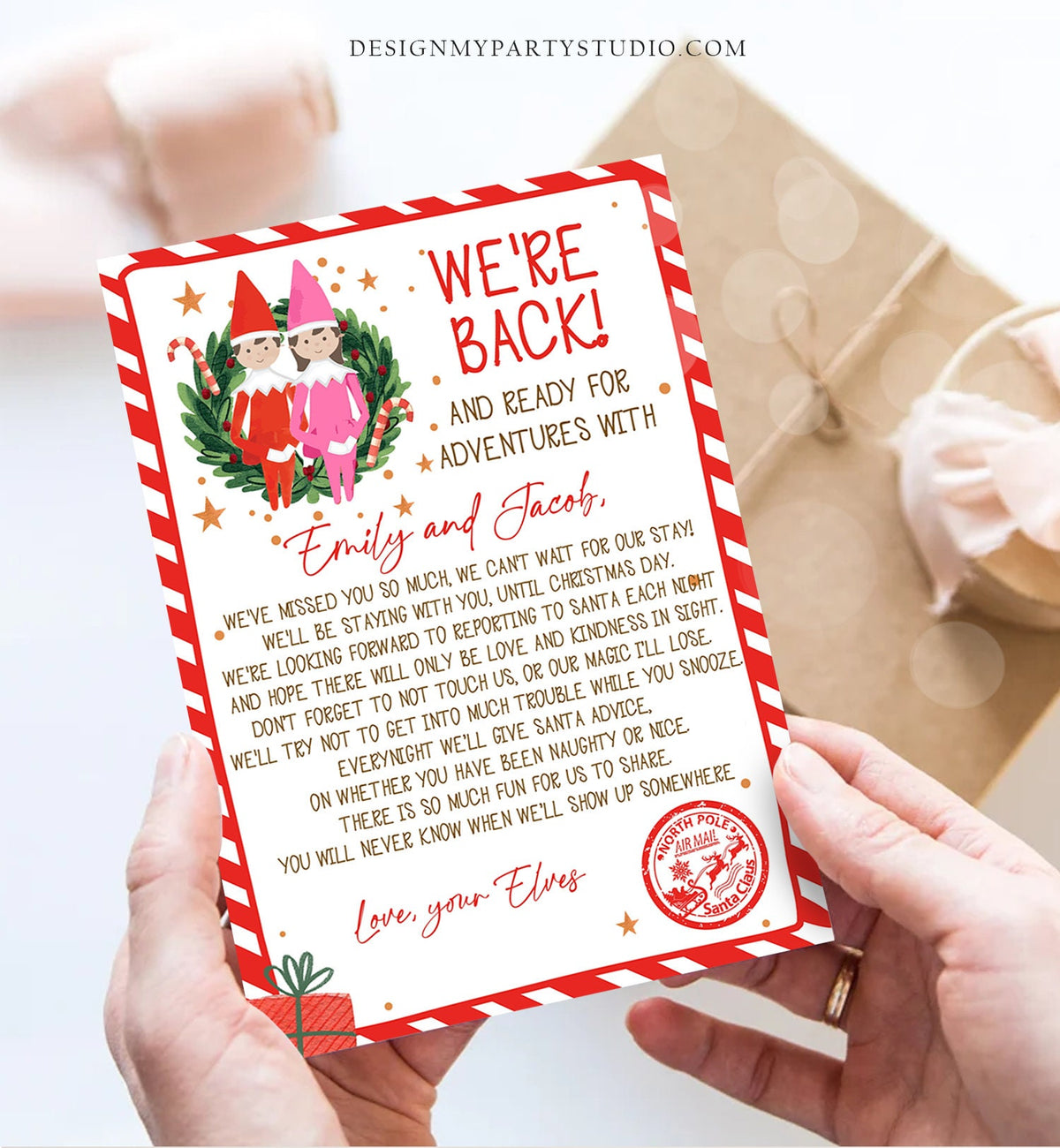 Editable Elf Arrival Letter Return Letter Christmas Elf We're Back Elf Welcome Hello Letter from Elves Boy Girl Pink Printable Template 0358