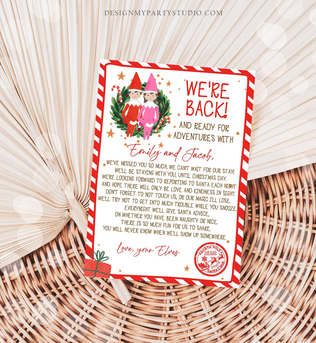 Editable Elf Arrival Letter Return Letter Christmas Elf We're Back Elf Welcome Hello Letter from Elves Boy Girl Pink Printable Template 0358