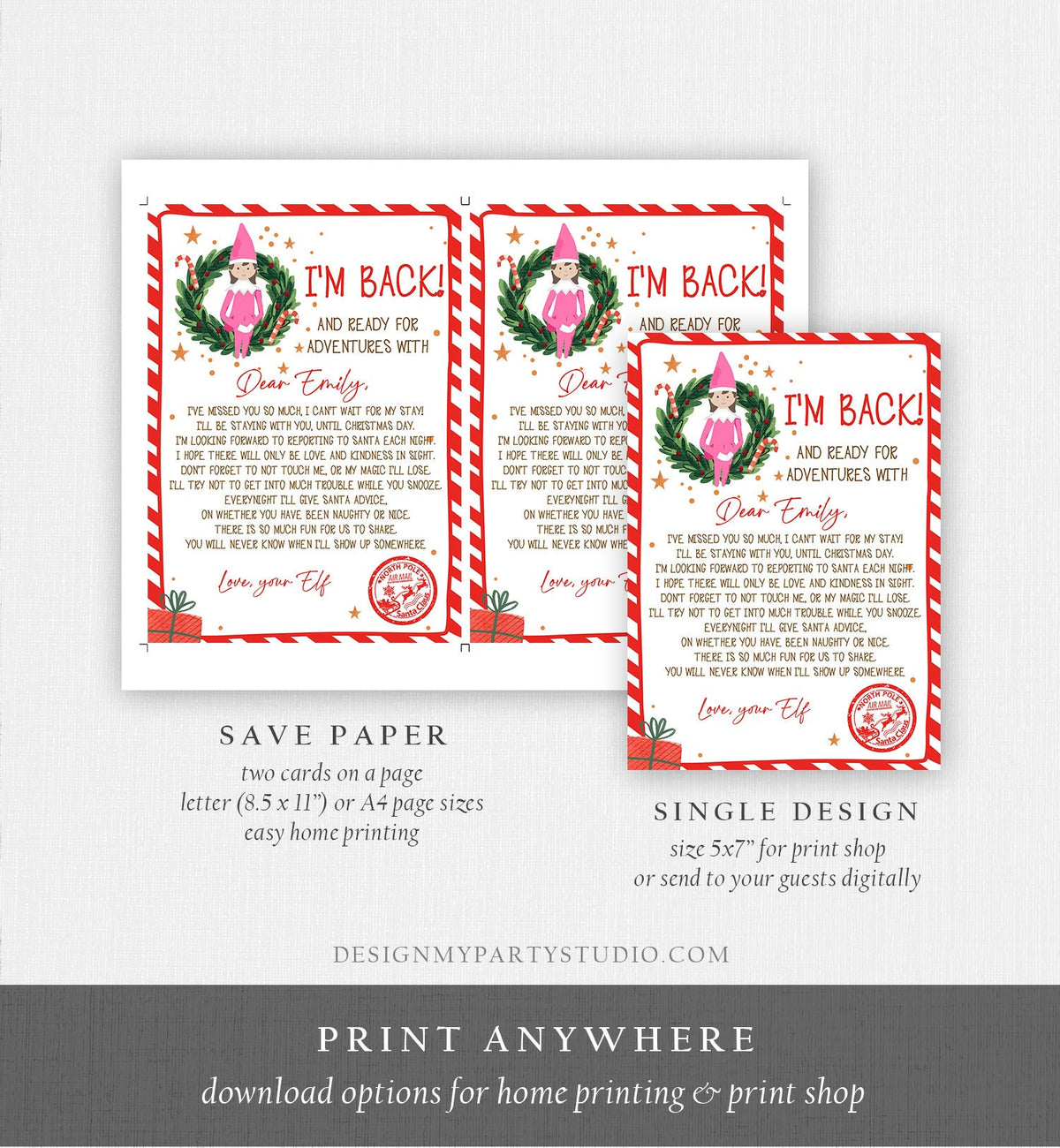 Editable Elf Arrival Letter Return Letter Christmas Elf I'm Back Pink Elf Welcome Christmas Elf Letter Girl Your Elf Printable Template 0358