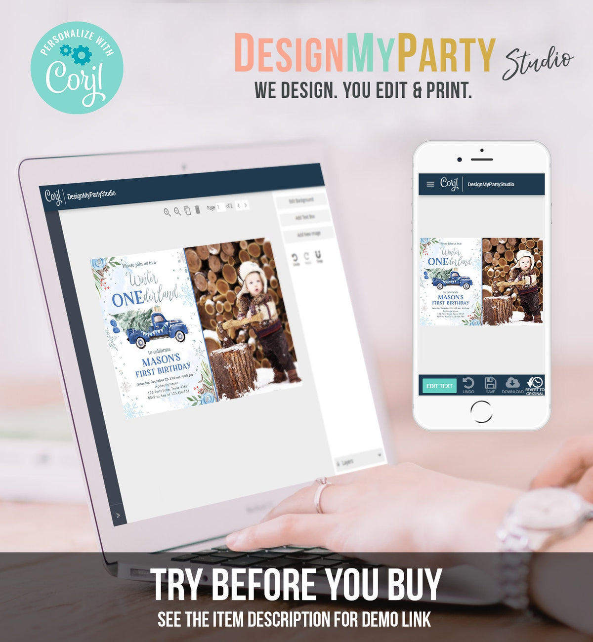 Editable Winter Onederland Winter First Birthday Invitation 1st Winter Blue Boy Silver Floral Truck Christmas Printable Template DIY 0356