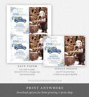 Editable Winter Onederland Winter First Birthday Invitation 1st Winter Blue Boy Silver Floral Truck Christmas Printable Template DIY 0356