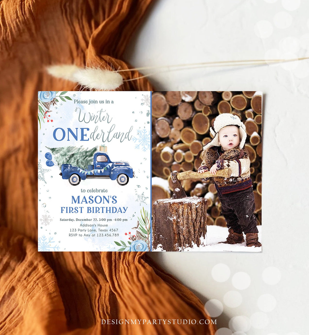 Editable Winter Onederland Winter First Birthday Invitation 1st Winter Blue Boy Silver Floral Truck Christmas Printable Template DIY 0356