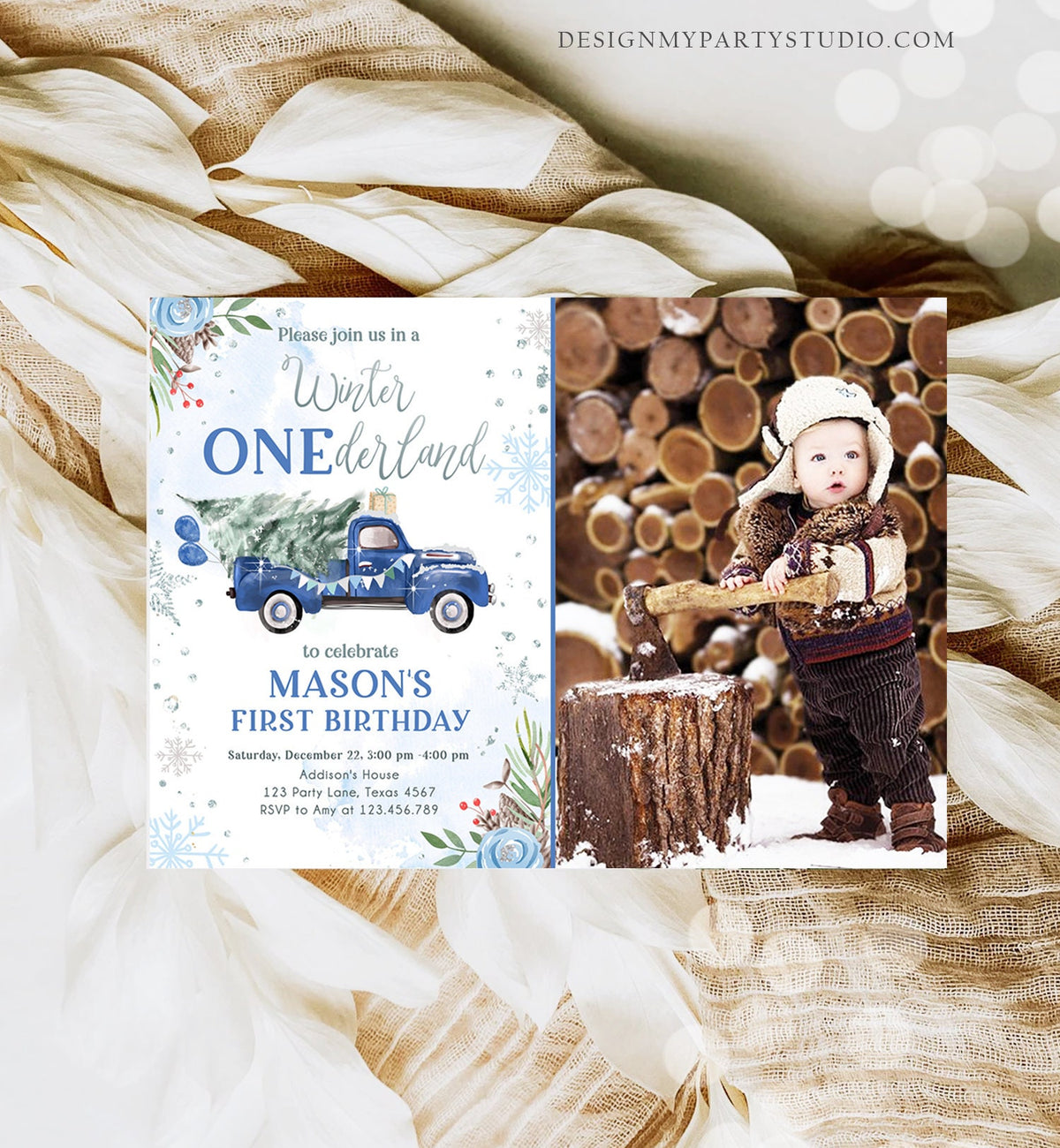Editable Winter Onederland Winter First Birthday Invitation 1st Winter Blue Boy Silver Floral Truck Christmas Printable Template DIY 0356