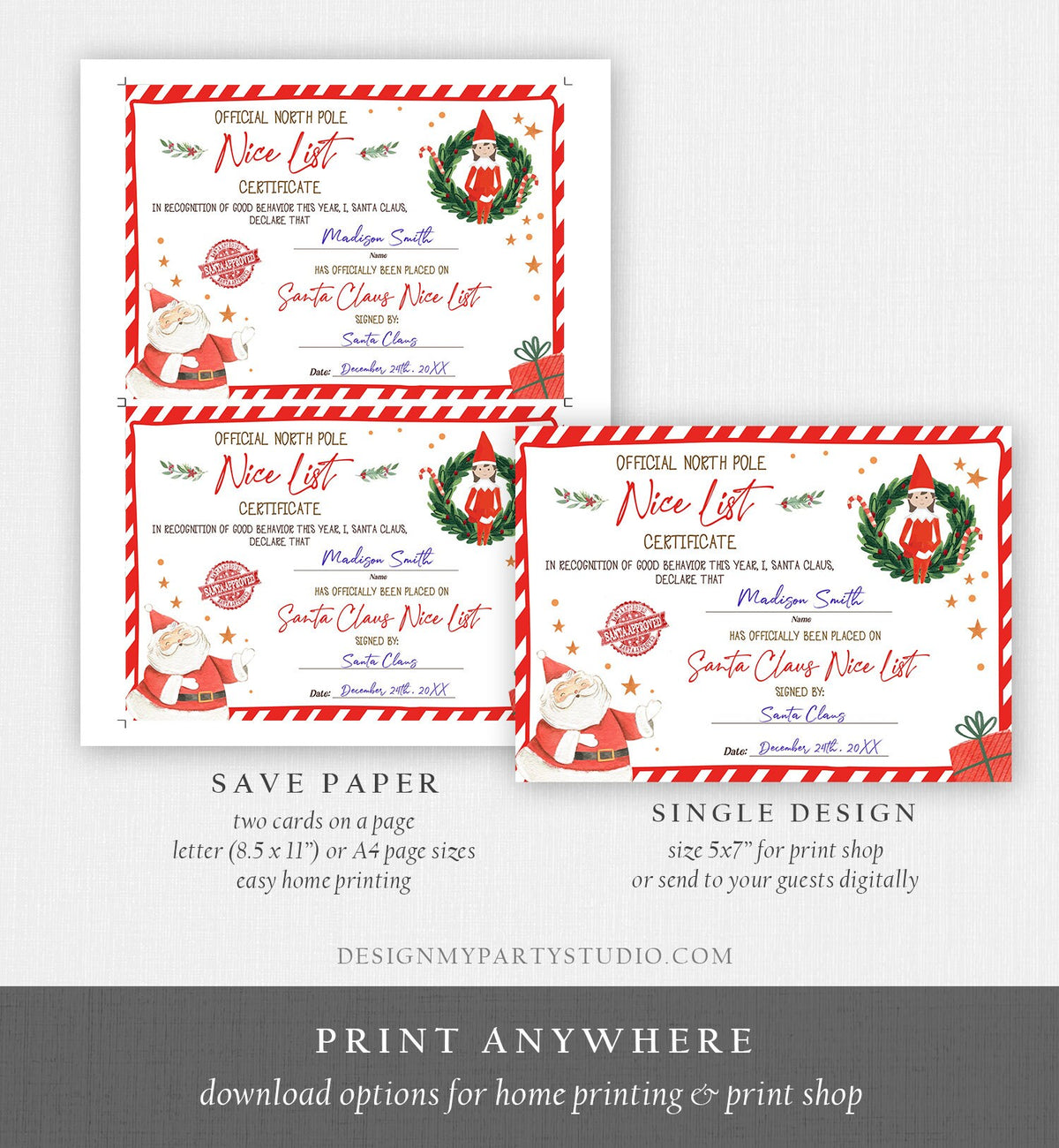 Editable Santa Claus Official Nice List Certificate Elf Girl Letter From Desk Christmas Eve Elves North Pole Corjl Template Printable 0358