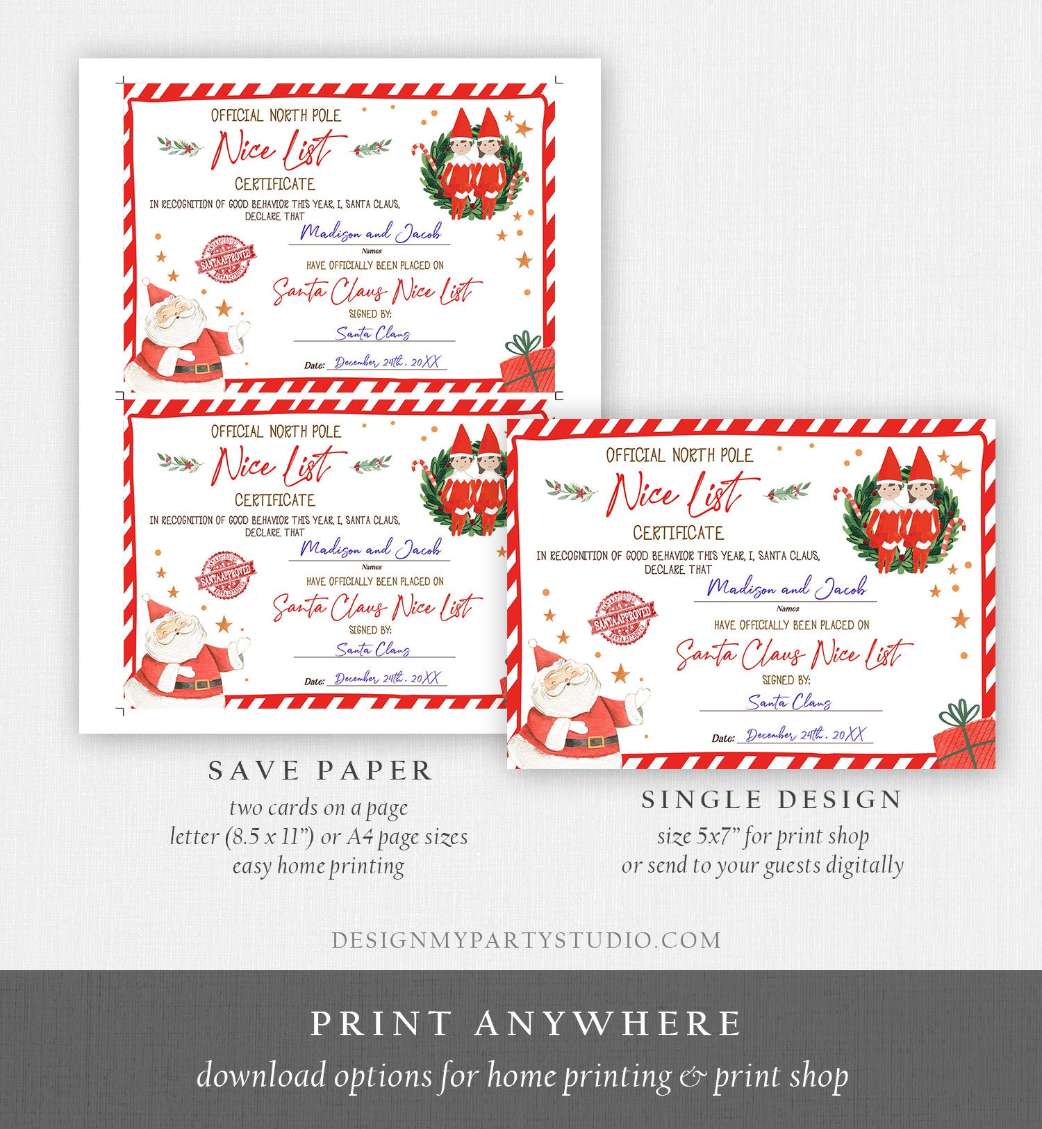 Editable Santa Claus Official Nice List Certificate Letter From Desk Christmas Eve Elves Boy Girl North Pole Corjl Template Printable 0358