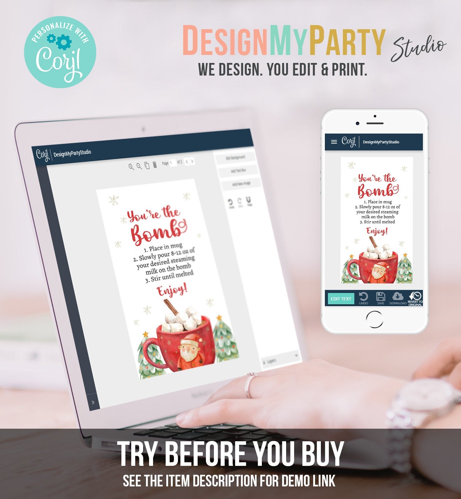 Editable Hot Chocolate Bomb Tags Bomb Instructions Holiday Favor Tags Winter Christmas You're the Bomb Tag Cocoa Digital PRINTABLE 0443 0445