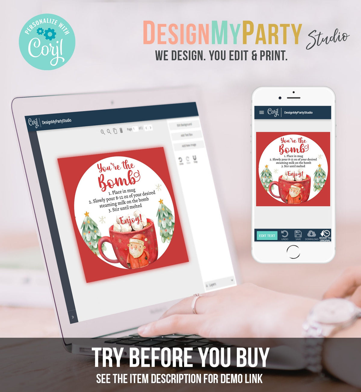 Editable Hot Chocolate Bomb Tags Bomb Instructions Cookies and Cocoa Favor Tags Winter Christmas You&#39;re The Bomb Digital PRINTABLE 0445 0443