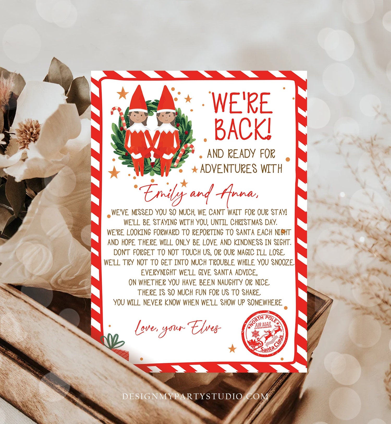 Editable Elf Arrival Letter Return Letter Christmas Elf We're Back Elf Welcome Hello Letter from Elves Girls Sisters Printable Template 0358