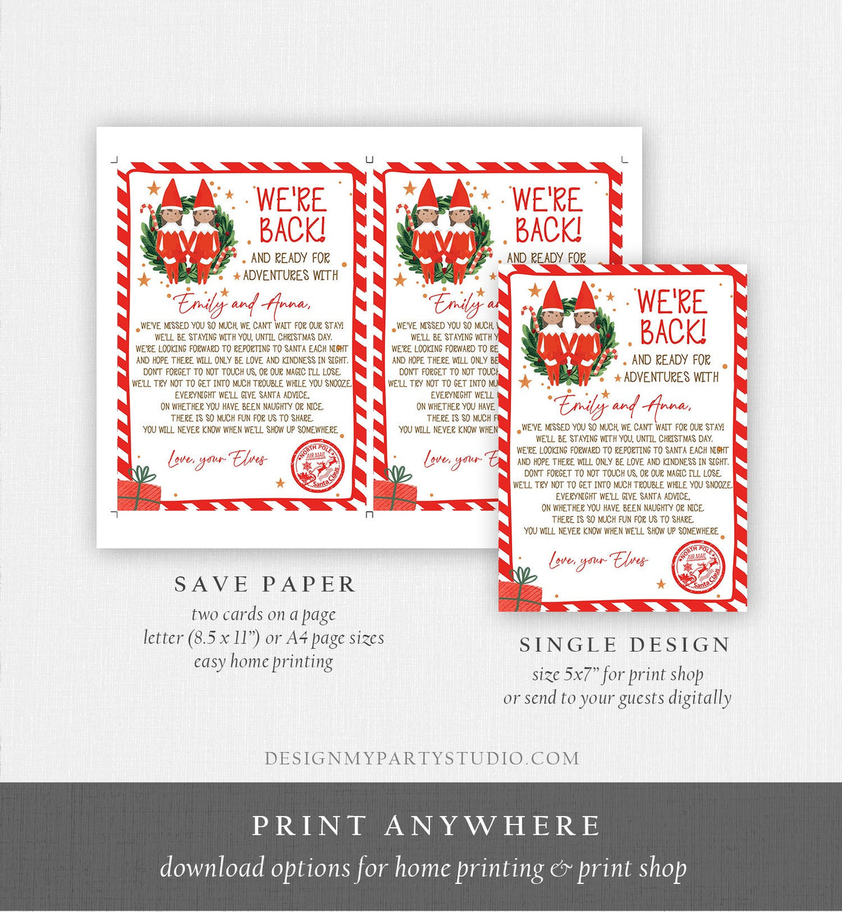 Editable Elf Arrival Letter Return Letter Christmas Elf We're Back Elf Welcome Hello Letter from Elves Girls Sisters Printable Template 0358