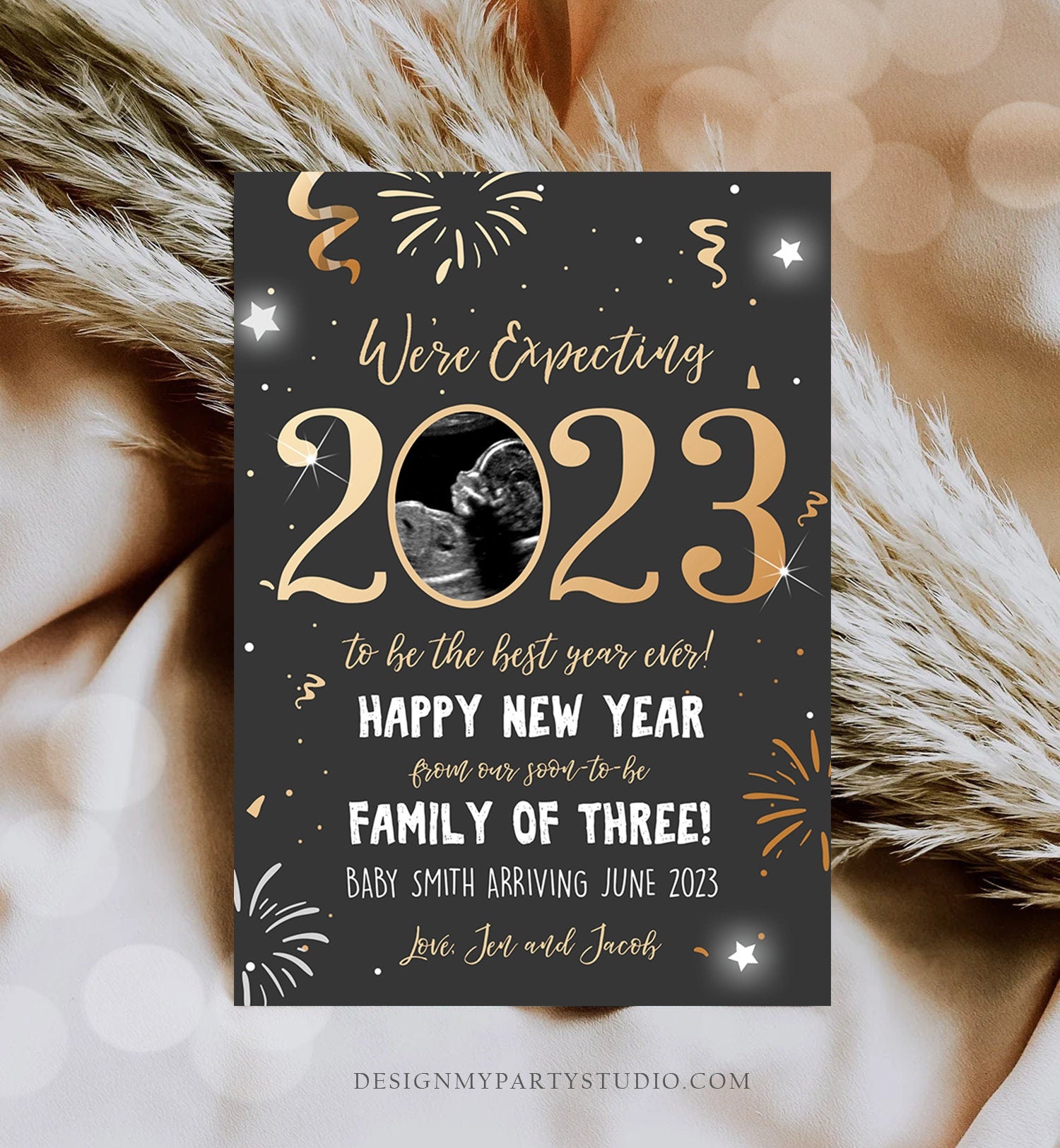 Editable New Year Pregnancy Reveal Card Pregnancy Announcement New Years 2023 Ultrasound Card Instant Download Digital Corjl Template 0280