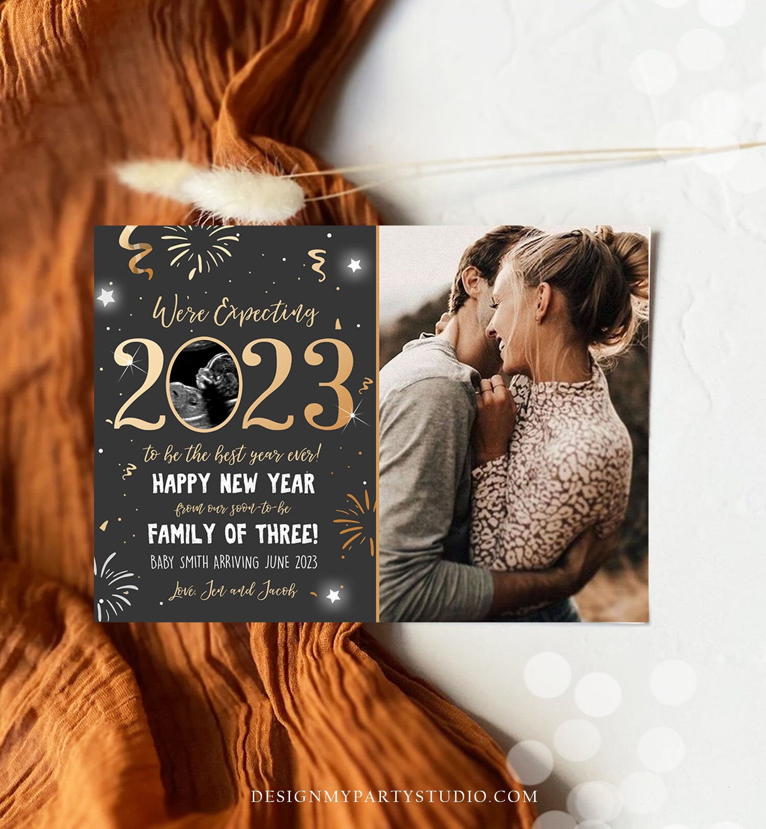 Editable New Year Pregnancy Reveal Card Pregnancy Announcement New Years 2023 Ultrasound Card Instant Download Digital Corjl Template 0280