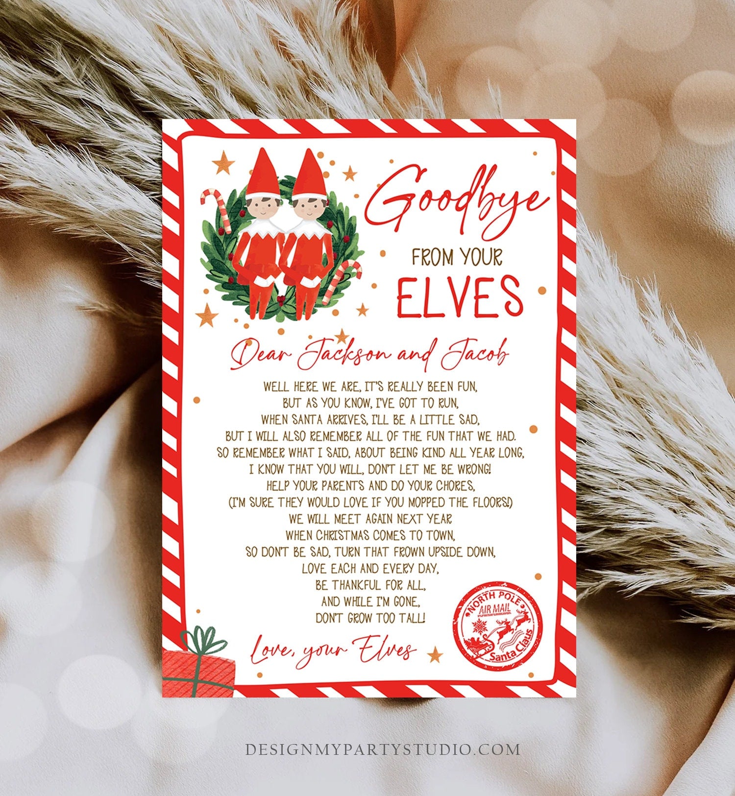 Editable Elf Goodbye Letter Boys Farewell Letter Christmas Goodbye from Your Elves Christmas Elf Letter Poem Brother Printable Template 0358