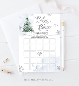 Editable Baby Bingo Baby Shower Game Winter Baby Shower Cold Outside Snowflake Boy Silver Blue Tree Watercolor Corjl Template Printable 0363