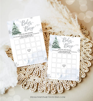 Editable Baby Bingo Baby Shower Game Winter Baby Shower Cold Outside Snowflake Boy Silver Blue Tree Watercolor Corjl Template Printable 0363