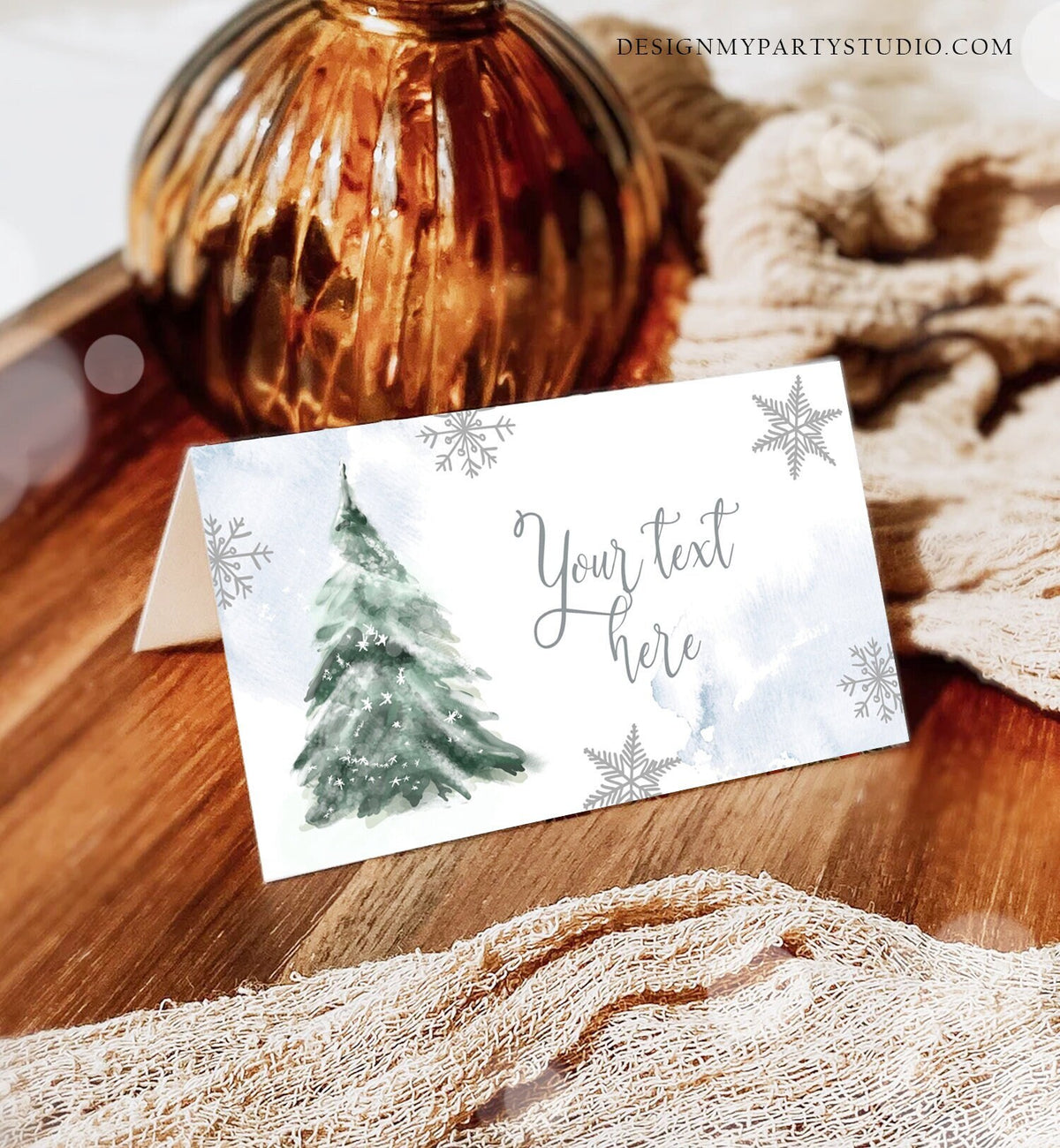 Editable Baby It&#39;s Cold Outside Tent Cards Winter Tree Labels Boy Birthday Baby Shower Place Cards Christmas Printable Template Corjl 0363