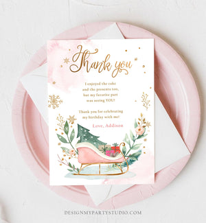 Editable Sleigh Winter Tree Thank You Card Birthday Watercolor Baby Its Cold Outside Baby Shower Pink Girl Snow Template Download Corjl 0353