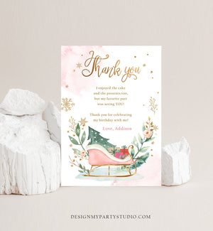 Editable Sleigh Winter Tree Thank You Card Birthday Watercolor Baby Its Cold Outside Baby Shower Pink Girl Snow Template Download Corjl 0353