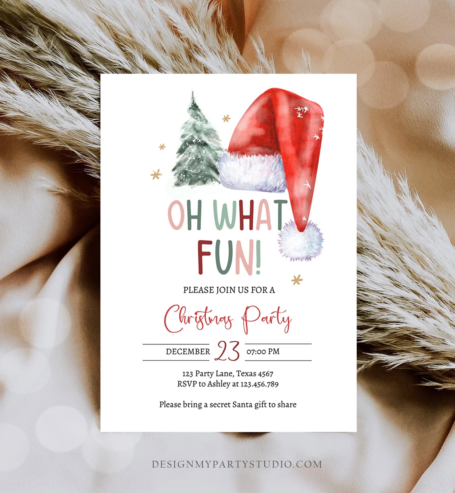 Editable Christmas Party Invitation Kids Holiday Santa Hat Oh What Fun Invite Christmas Birthday Corjl Template Download Printable 0444