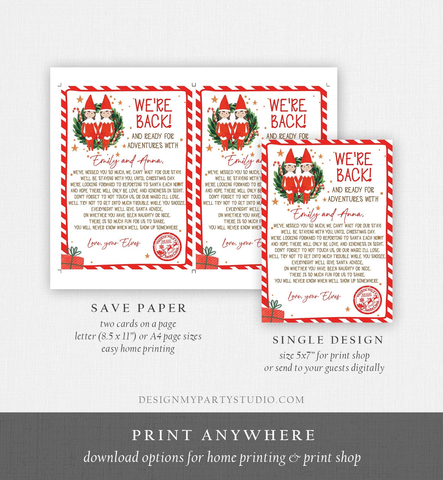 Editable Elf Arrival Letter Return Letter Christmas Elf We're Back Elf Welcome Hello Letter from Elves Girls Sisters Printable Template 0358