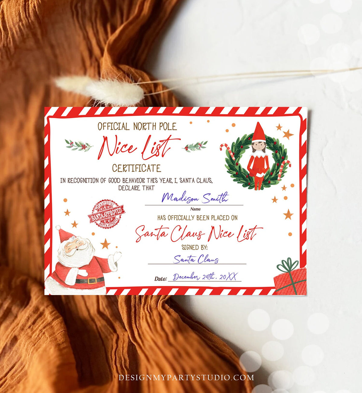 Editable Santa Claus Official Nice List Certificate Elf Girl Letter From Desk Christmas Eve Elves North Pole Corjl Template Printable 0358