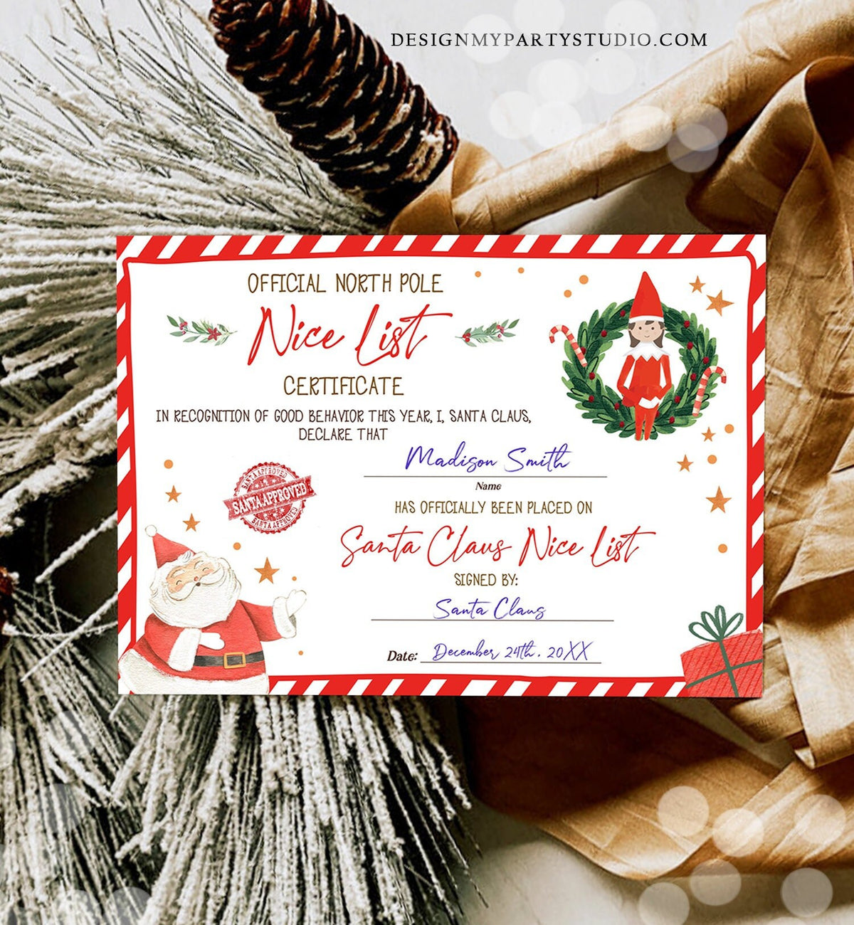 Editable Santa Claus Official Nice List Certificate Elf Girl Letter From Desk Christmas Eve Elves North Pole Corjl Template Printable 0358