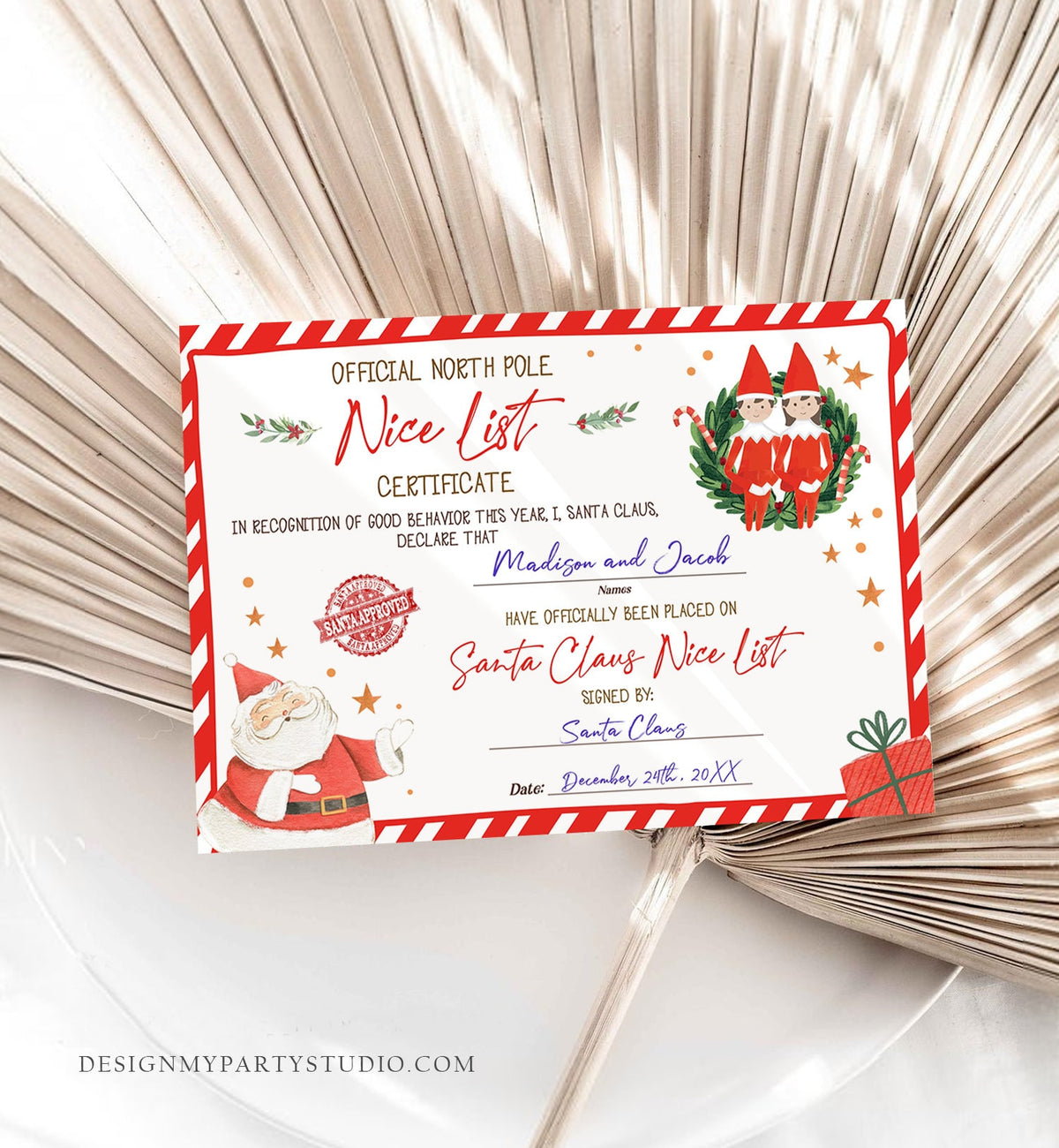 Editable Santa Claus Official Nice List Certificate Letter From Desk Christmas Eve Elves Boy Girl North Pole Corjl Template Printable 0358